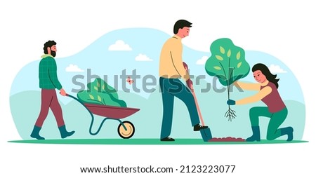 A people is planting a tree sapling. A mans with a shovel and wheelbarrow, a woman with a plant. Springtime. Caring for nature and ecology. Vector flat illustration people