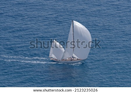 Sailboat the old style on Mediterranean sea, high angle view Royalty-Free Stock Photo #2123235026