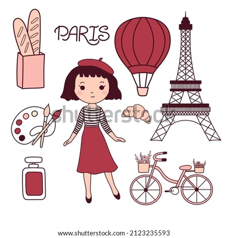 Paris lifestyle set with french style dressed girl, perfume, balloon, package with baguettes, Eiffel Tower, croissant and bike with flowers