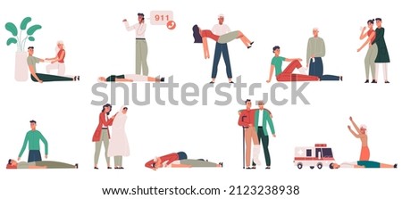 Medical first aid, emergency procedures, life save scenes. First aid health-threatening emergencies vector illustration set. Cardiac massage and cpr. Characters helping injured, faint people Royalty-Free Stock Photo #2123238938
