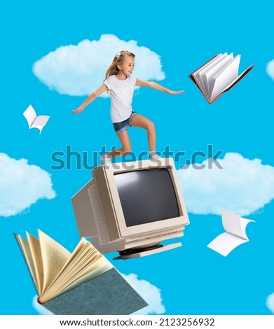 School, studying, retro. Contemporary art collage of child, girl flying, surfing on retro computer isolated over blue background. Concept of education, childhood, discovery, inspiration and ad