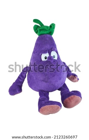 Purple eggplant. Plush toy in the shape of vegetable. Isolated on white background without shadow.