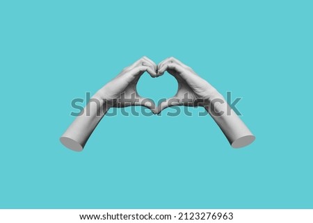 Human female hands showing a heart shape isolated on a blue color background. Feelings and emotions. Trendy collage in magazine urban style. Contemporary art. Modern design