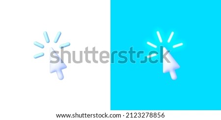 Cursor neon in 3d style on blue background. Arrow 3d vector icon. Flat cursor neon for web design. Vector graphic illustration. Royalty-Free Stock Photo #2123278856