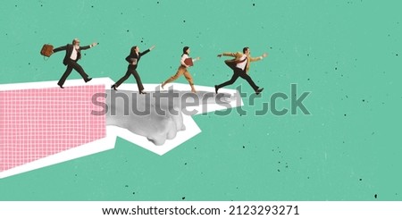 Contemporary art collage. Managers, employees running on giant hand, reaching new busines position. Concept of motivation, goal, professional growth, teamwork, support. Copy space for ad