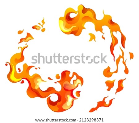 Circular frame with fire and flames, energy power element, bright and blazing, glare and explosion. Flammable ring, danger effect and glowing circle. Wildfire and sparks. Vector in flat style