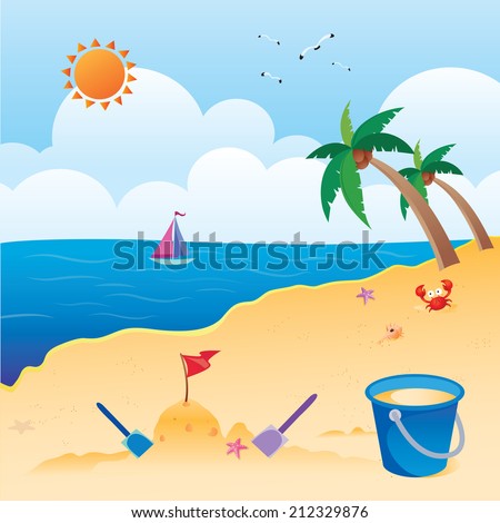 Beautiful beach. Sun in blue sky with palm trees on the sand. Fun in the sun!