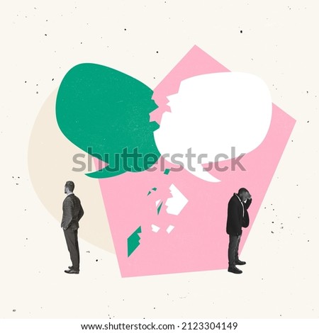 Creative design. Cotemporary art collage of two employees, businessmen having failure in communication. Unproductive dialogue. Concept of business, career, cooperation, failure, assistance Royalty-Free Stock Photo #2123304149