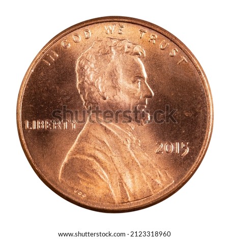 One Cent coin. Money United States of America. 16th president. American cash. Financial marketplaces. US Bank. Metallic copper circle coin. High quality macro photo. Isolated white background. 