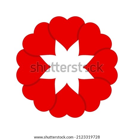 Red hearts in circle with shadows. People hearts together concept. Love, friendship and cooperation. Flat vector illustration isolated on white background.