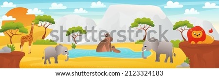 African landscape with cute cartoon animals - elephant, hippo sitting in water and lion, web banner with savannah scene, african desert exploration, zoo horizontal poster for print