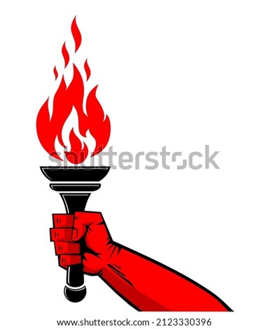 Red hand with torch. Symbol of olympic games, freedom, protest, victory. Vector on transparent background