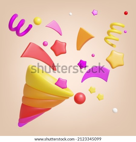 3d Party Popper with Confetti Plasticine Cartoon Style Symbol of Surprise. Vector illustration of Happy Birthday Cracker Royalty-Free Stock Photo #2123345099