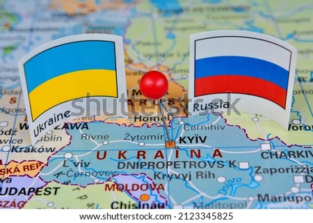 Kiev (Kyiv) marked on map with red pin in Ukraine Royalty-Free Stock Photo #2123345825