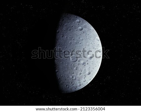 Rocky moon covered with craters. Planetary satellite in space. Surface of a distant planet. Sci-fi background. 