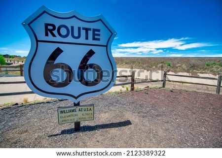U.S. Route 66 signage (US 66 or Route 66), also known as the Will Rogers Highway and colloquially known as the Main Street of America or the Mother Road, Arizona Royalty-Free Stock Photo #2123389322