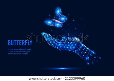 Futuristic vector illustration with a glowing low-poly hand and a flying butterfly Royalty-Free Stock Photo #2123399960