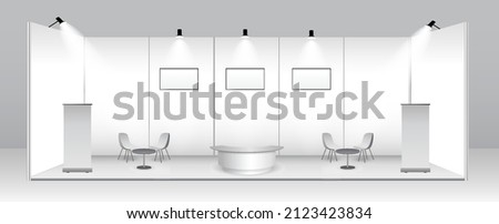 set of realistic trade exhibition stand or white blank exhibition kiosk or stand booth corporate commercial. eps vector Royalty-Free Stock Photo #2123423834