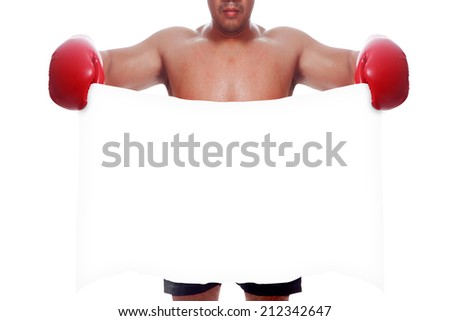 fight and competition sign with an red boxing glove holding a blank white banner as a business symbol of competitive sale or boxing specials isolated on white background with clipping path 