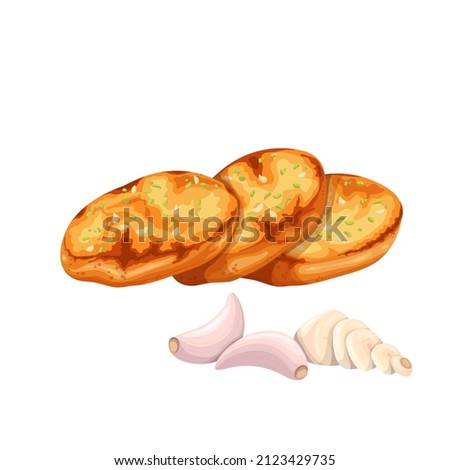 Crunchy garlic bread with garlic cloves. Vector illustration of fried french baguette Royalty-Free Stock Photo #2123429735