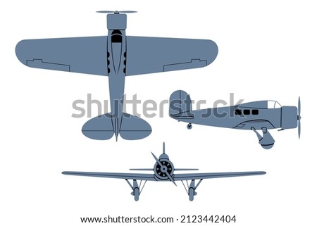 Orion L-9 Airliner 1931. Top, Side, Front View Silhouettes. Vintage airplane. Vector clipart isolated on white.