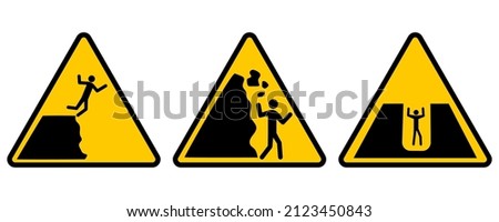 Warning sign rocks cliff. Set of yellow warning signs. Vector illustration. stock image. Royalty-Free Stock Photo #2123450843