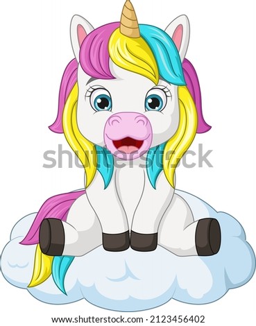 Cartoon little unicorn sitting on the clouds