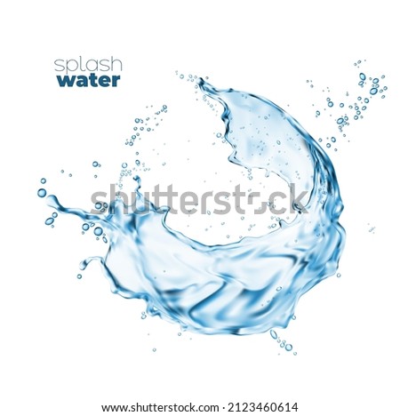 Swirl clean water wave splash with splatters. Vector liquid flow with drops. Isolated transparent splashing aqua dynamic motion with spray droplets. Realistic hydration 3d fresh blue ring drink