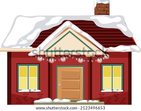 Snow covered house with Christmas light string illustration