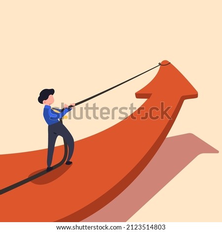 Business flat drawing businessman pulling big red arrow with rope and making it raise up. Marketing and finance concept. Symbol arrow of success. Leadership, achievement. Cartoon vector illustration