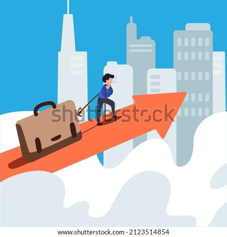 Business concept flat style isolated of businessman pulling heavy big briefcase up the on red arrow go to goal of financial business success. Hard work for success. Graphic design vector illustration