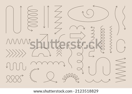 Line Minimalist Geometric Arrow Set. Vector Collection Abstract Thin Lines Different Forms Spiral, Zigzag, Spring Coil, Wave, Triangle Royalty-Free Stock Photo #2123518829