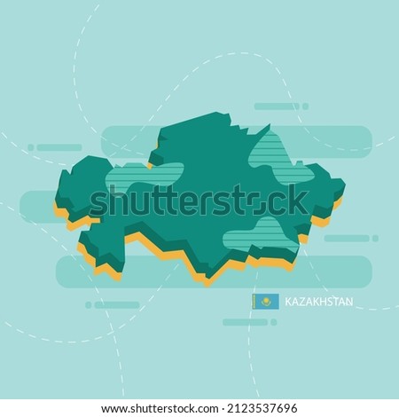 3d vector map of Kazakhstan with name and flag of country on light green background and dash.
