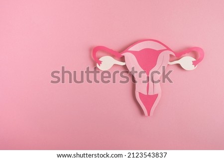 Decorative model uterus made frome paper on pink background. Women's health, reproductive system concept. Top view, copy space Royalty-Free Stock Photo #2123543837
