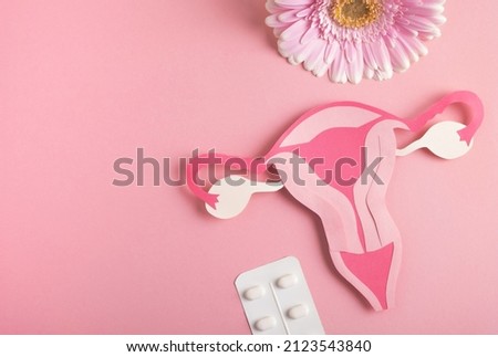 Women's health, reproductive system concept. Decorative model uterus, pills and flower on pink background. Top view, copy space Royalty-Free Stock Photo #2123543840