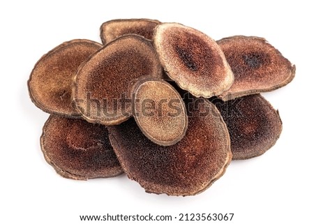 Slices of horns maral on a white background. Maral pant is a source of amino acids, vitamins, macro- and microelements. Boosts immunity, men's health  Royalty-Free Stock Photo #2123563067