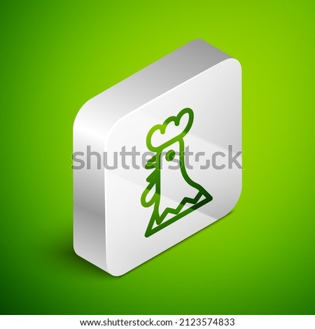Isometric line French rooster icon isolated on green background. Silver square button. Vector