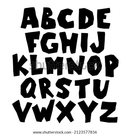 Paper cut Alphabet. Modern simple hand drawn black font. Cute kids poster. Capital bold letters in childish graphic style. Vector