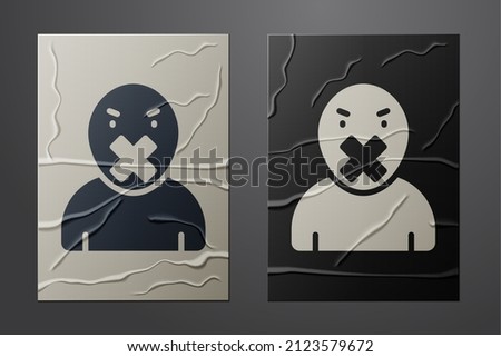 White Censor and freedom of speech concept icon isolated on crumpled paper background. Media prisoner and human rights concept. Tied mouth. Paper art style. Vector