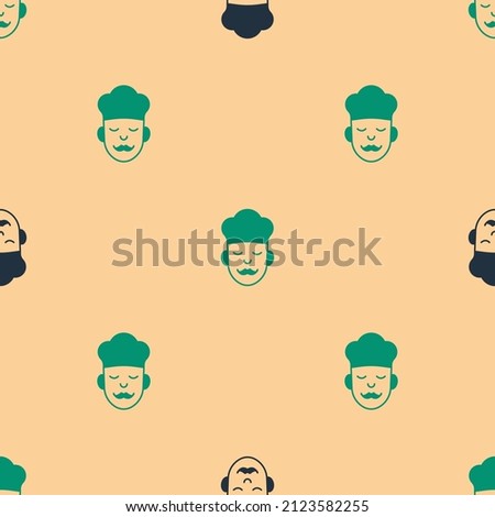 Green and black Cook icon isolated seamless pattern on beige background. Chef symbol.  Vector
