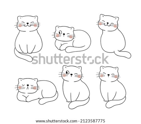 Draw vector illustration character design collection outline funny cat Doodle cartoon style