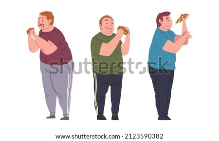 Cheerful Fat People Character Eating Pizza and Hamburger Vector Set