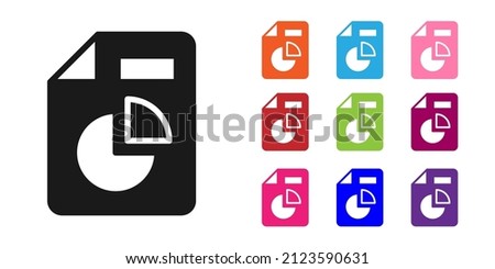 Black Document with graph chart icon isolated on white background. Report text file icon. Accounting sign. Audit, analysis, planning. Set icons colorful. Vector