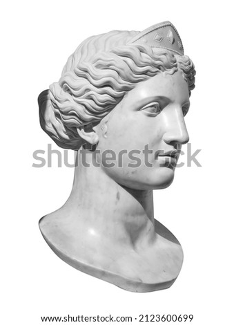 Gypsum copy of ancient statue Venus head isolated on white background. Plaster sculpture woman face Royalty-Free Stock Photo #2123600699