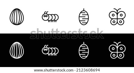 Butterfly life cycle icon. Flat design icon collection isolated on black and white background. Egg, caterpillar, chrysalis, and adult butterfly.
