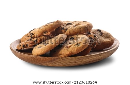 Tasty homemade cookies with chocolate chips in plate on white background Royalty-Free Stock Photo #2123618264