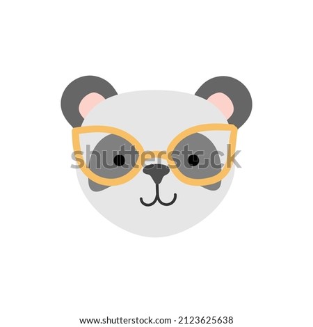 Hand drawn cute panda. Childish animal white bear with grey eyes and pink ears and golden glass. Vector illustration isolated on white.