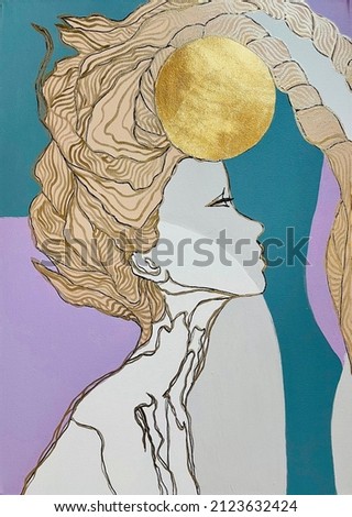 A painting with a philosophical image and the same name "The Shape of the Moon".  The painting depicts a girl with golden hair and long braids wrapped around the moon shining on the girl's head.