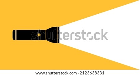 Flashlight with beam. Icon of flashlight with light and background for text. Silhouette of lamp with beam. Vector illustration.