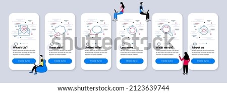 Education icons set. UI phone app screens with teamwork. Included icon as Fast recovery, Talk bubble, Confirmed mail signs. Messenger, Search, Timer line icons. Vector